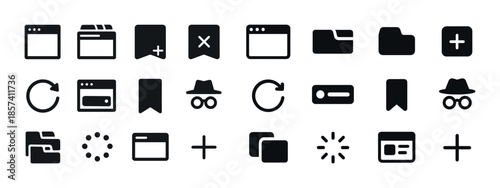 Collection of minimalist black user interface icons for web and