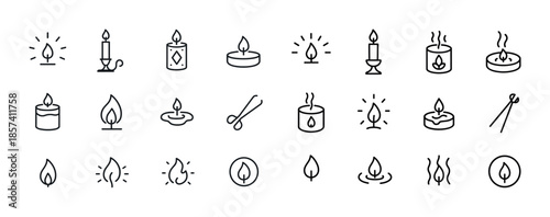 Set of candle and flame icons for relaxation, meditation, and ce