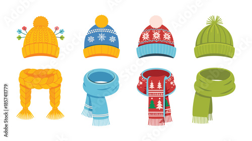 Set of Cute Ornamental Winter Knitted Clothes featuring Warm Outerwear Kit with Woolen Jumper, Cozy Sweater, Soft Scarf, and Beanie Hat for Seasonal Fashion and Cold Weather Design
