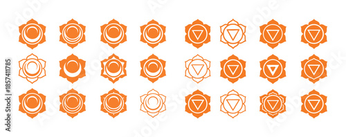 Set of 24 orange sacral chakra symbols with geometric designs