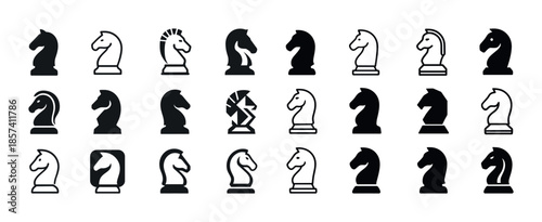 Collection of diverse chess knight icons in black and white styl