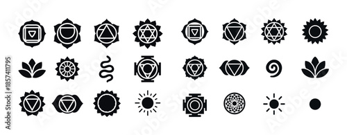 Black chakra symbols and mandala icons collection