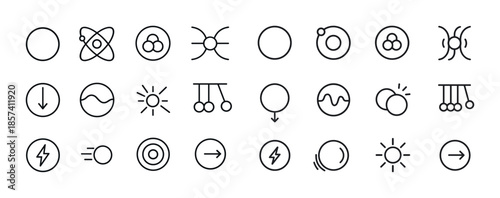 Set of 20 minimalist science and physics icons in black line sty