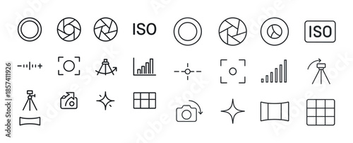 Photography icons set: shutter, iso, focus, tripod, histogram, g
