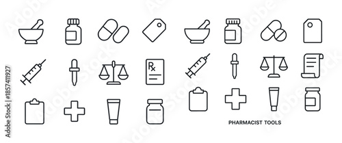 Pharmacy icons: mortar, pills, syringe, scale, prescription, hea