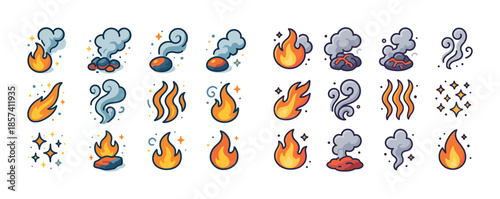 Collection of cartoon fire and smoke icons with dynamic motion l