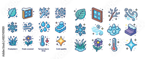 Winter weather icons: snow, frost, temperature, cold effects, se
