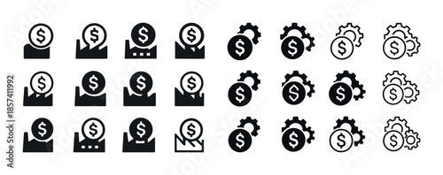 Set of dollar coin and gear icons in various styles representing