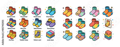 Colorful cartoon socks with various designs and patterns