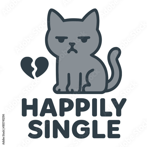 Happily Single Grumpy Cat with Broken Heart Cartoon Illustration