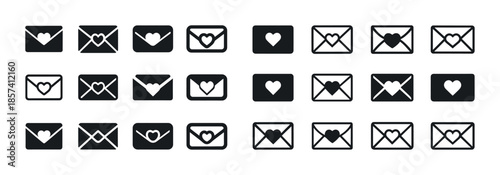 Black and white love envelope icons set with heart symbols