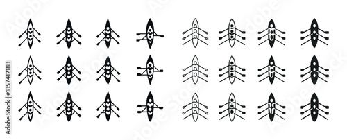 Set of rowing icons showing various kayak and canoe paddling sty