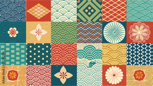 A set of 16 seamless patterns reflecting Japanese aesthetics, with diverse colors and traditional geometric designs..eps