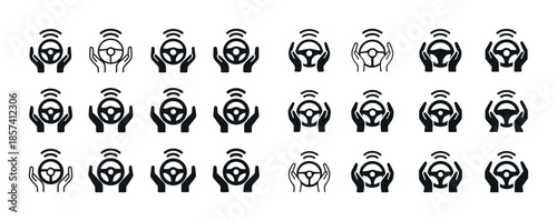 Set of steering wheel and hands icons illustrating driving conce