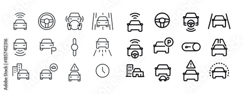 Line art icons for autonomous car features: steering, parking, c