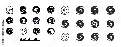 Abstract black wave spiral icons collection on white background