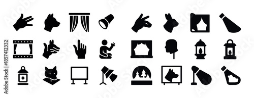Shadow puppet theatre icons set: hand gestures, animal silhouett