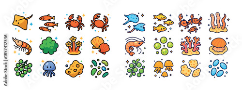 Colorful cartoon sea creatures and ocean elements collection