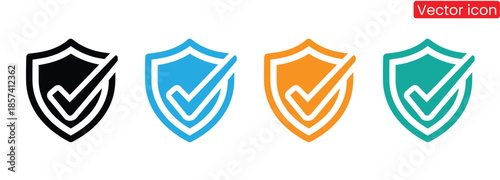 Set of colorful shield icons with checkmarks, symbolizing security and protection, perfect for business and web applications.