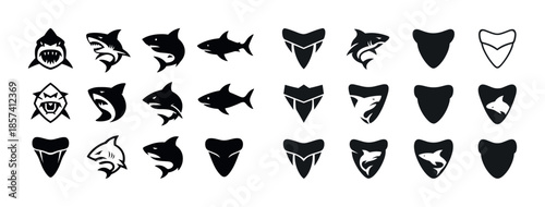 Collection of shark icons and tooth silhouettes