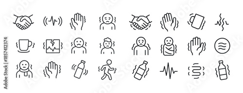 Black and white line icons representing handshake, anxiety, trem