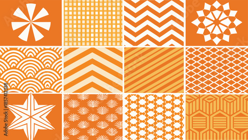 Set of Japanese seamless patterns showcasing intricate designs and rich colors, ideal for textiles and graphic design.eps