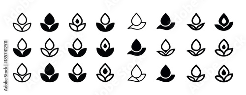 Collection of black and white floral icons and symbols in variou