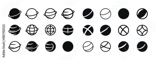 Set of circular planet symbols and icons in black and white