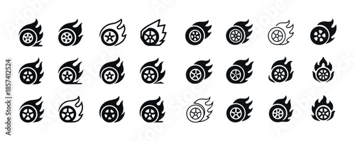 Collection of black flame wheel icons in various styles for auto