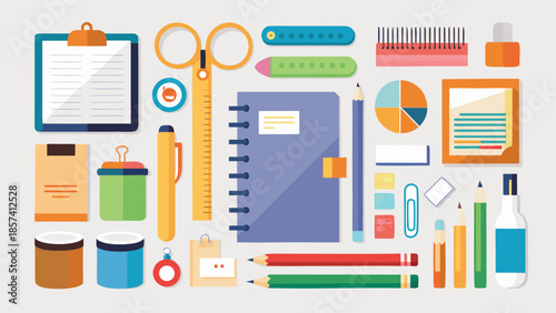 A collection of office supplies including notepads, pens, paper clips, and various other stationery items.eps