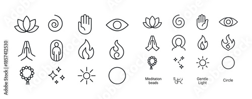 Minimalist meditation icons including lotus, hand, eye, flame, a