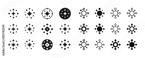 Minimalist geometric icon set featuring stars and circles in bla