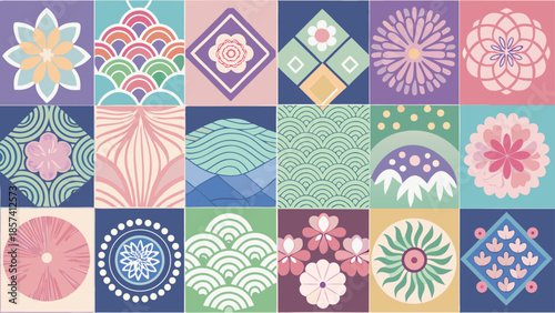 Twelve seamless patterns in gentle pastel hues, showcasing a variety of designs suitable for backgrounds and textiles..eps