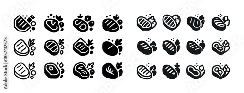 Simple black and white icon set of various steak cuts and shapes