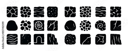 Set of diverse rock and stone texture icons in black silhouette