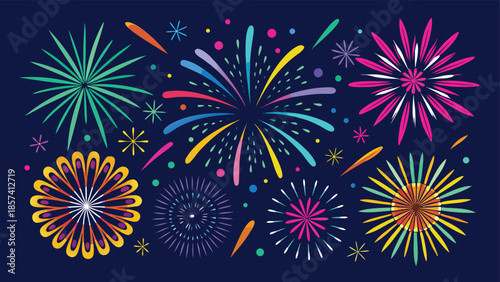 Vector illustration of fireworks exploding in various colors against a dark background, symbolizing celebration and joy..eps
