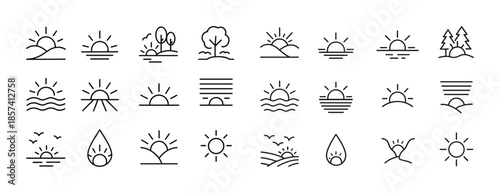 Minimalist sun icon set featuring sunrise, trees, beaches, and l