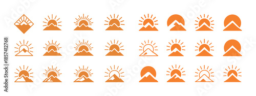 Collection of 25 orange mountain and sun icons