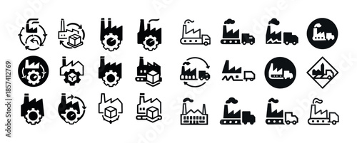Industrial icon set: factories, trucks, gears, logistics symbols