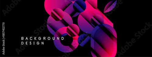 Abstract geometric shapes, vibrant gradients. Pink, purple, blue hues dominate black background. Modern design element.