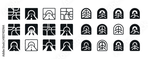 Collection of road and tunnel icons in various geometric styles