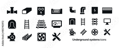 Underground systems icons set: tunnels, ladders, pipes, electric