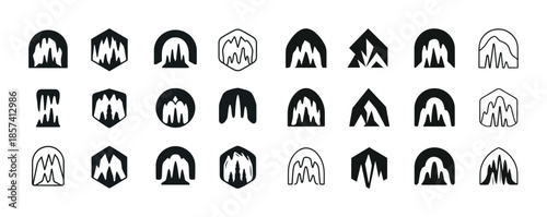 Set of abstract cave icons in black and white