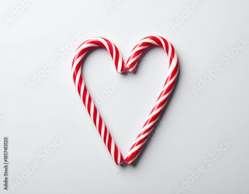 Two festive red and white striped candy canes thoughtfully arranged to create a sweet heart shape on a clean white background, perfect for holiday season themes