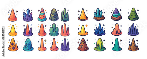 Colorful cartoon crystals and rocks collection with sparkles