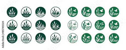 Nature icons collection: plants, water, fish themes in green cir