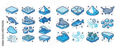 Cute arctic animals and ice elements in a cartoon style