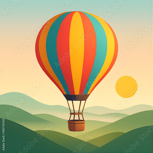 Vibrant hot air balloon gracefully soaring over a serene landscape of rolling green hills bathed in the warm glow of an early morning sunrise, symbolizing adventure and freedom