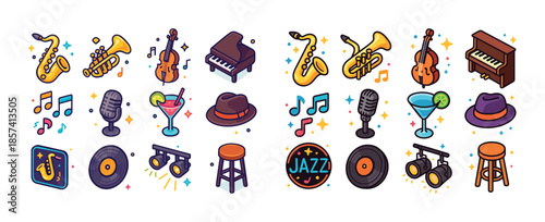 Colorful jazz instruments and accessories icons set with musical