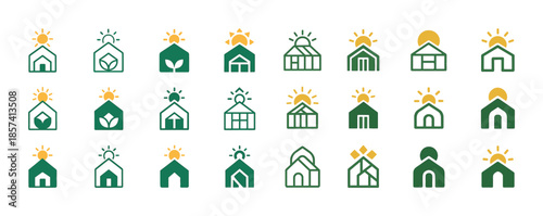 Sustainable eco-friendly house icons with sun elements